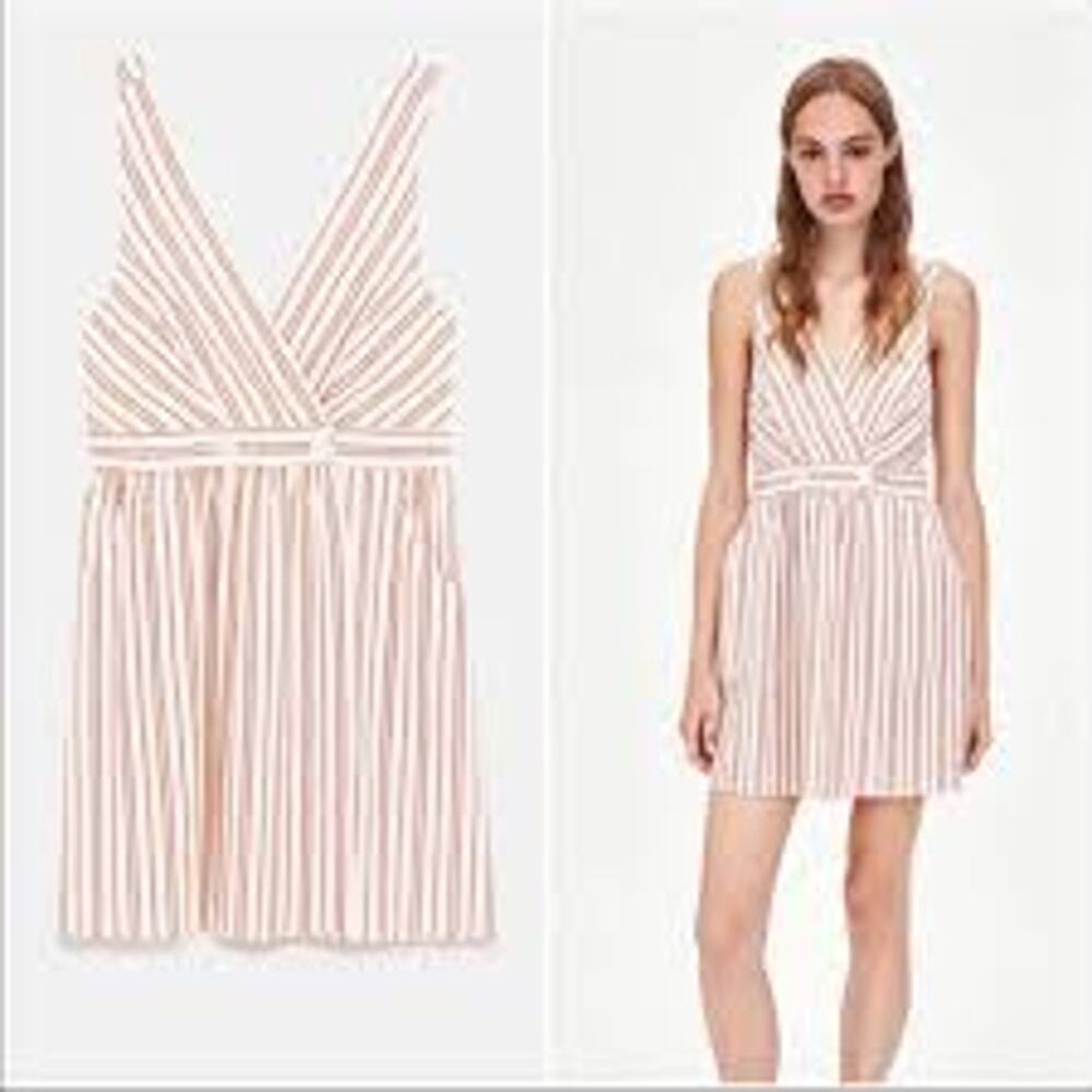 Zara TRF Rust Stripe Surplice V-Neck Mini Dress Womens S Empire Waist Pockets